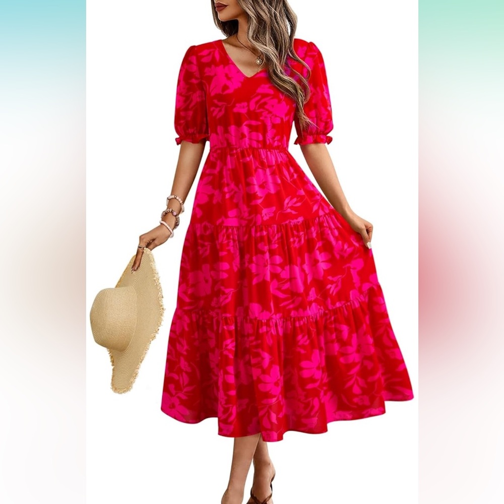 Casual Floral Short Sleeve Ruffle Flowy Midi Dress